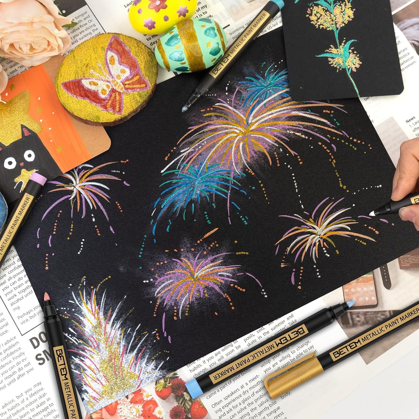 Betem Metallic Paint Markers, 18 Colors Acrylic Paint Markers for Black Paper，2mm Medium Tips Metallic Glitter Pens for Scrapbooking, Rock Painting, Greeting Cards, Photo Albums, DIY Art Crafts