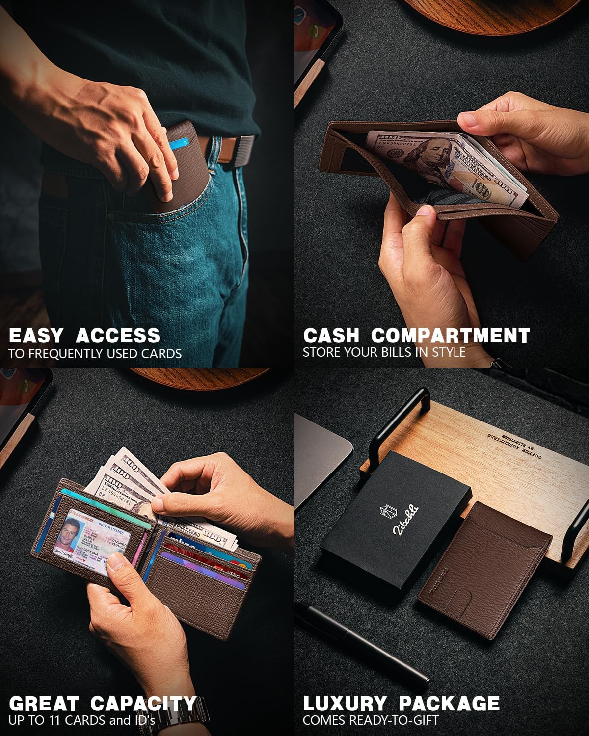RUNBOX Novelty Wallet for Men Slim 11 Credit Card Holder Slots Leather RFID Blocking Small Thin Men's Wallet Bifold Minimalist Front Pocket Large Capacity Gift Box