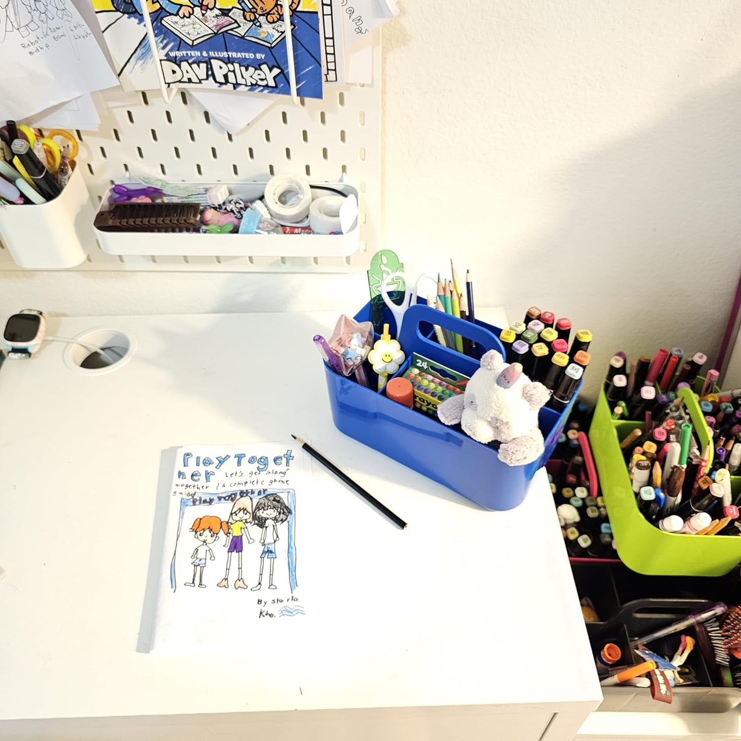 Small Stackable Plastic Caddy with Handle 6 Compartment | Desk, Makeup, Dorm Caddy, Classroom Art Organizers - 4 Pack, Made In USA (Blue)