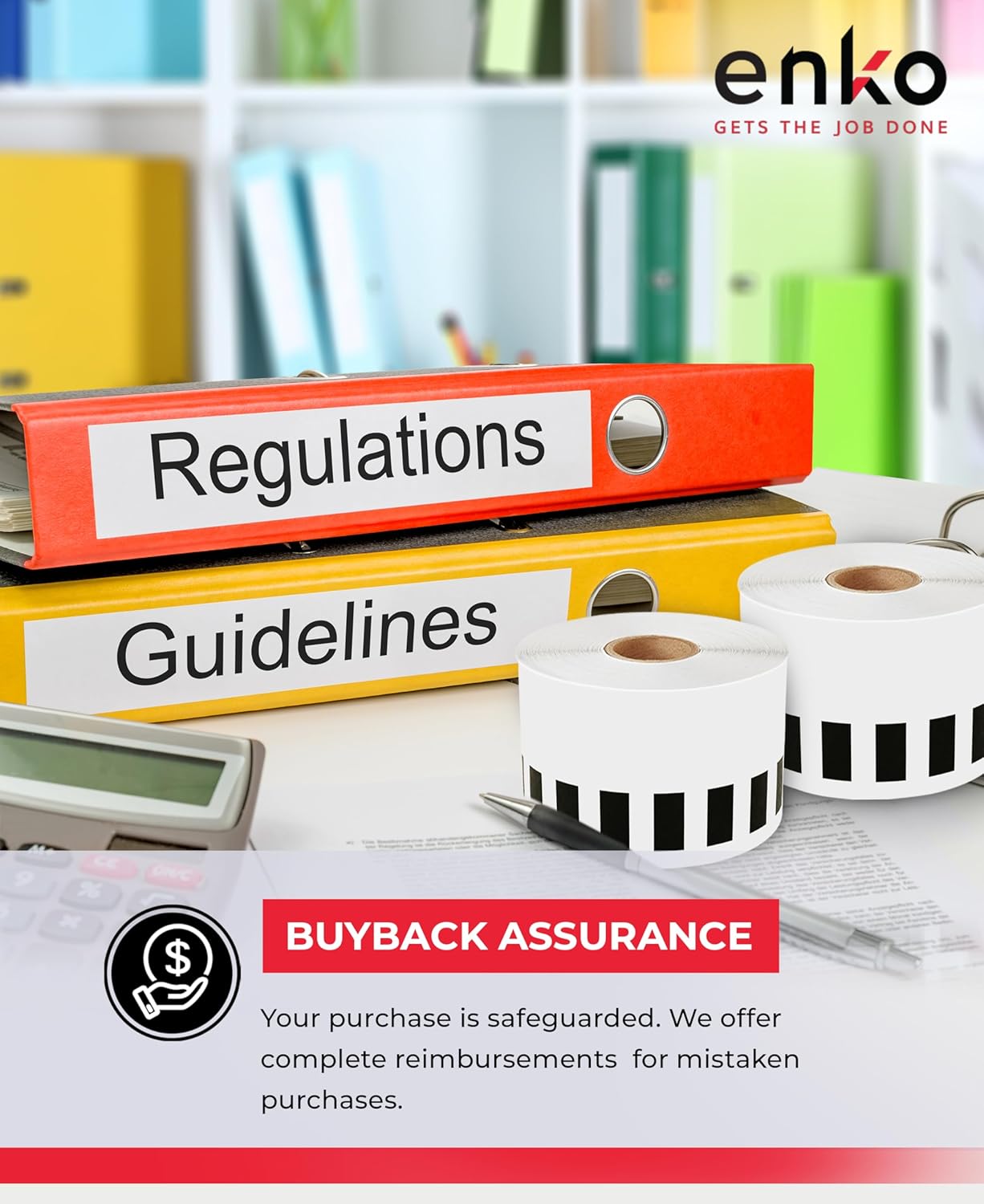 enKo - Compatible DK-2205 Continuous Paper Labels (2.4 Inch x 100 Feet) Compatible for Brother QL Label Printers - 48 Rolls with 16 Refillable Cartridge Frames