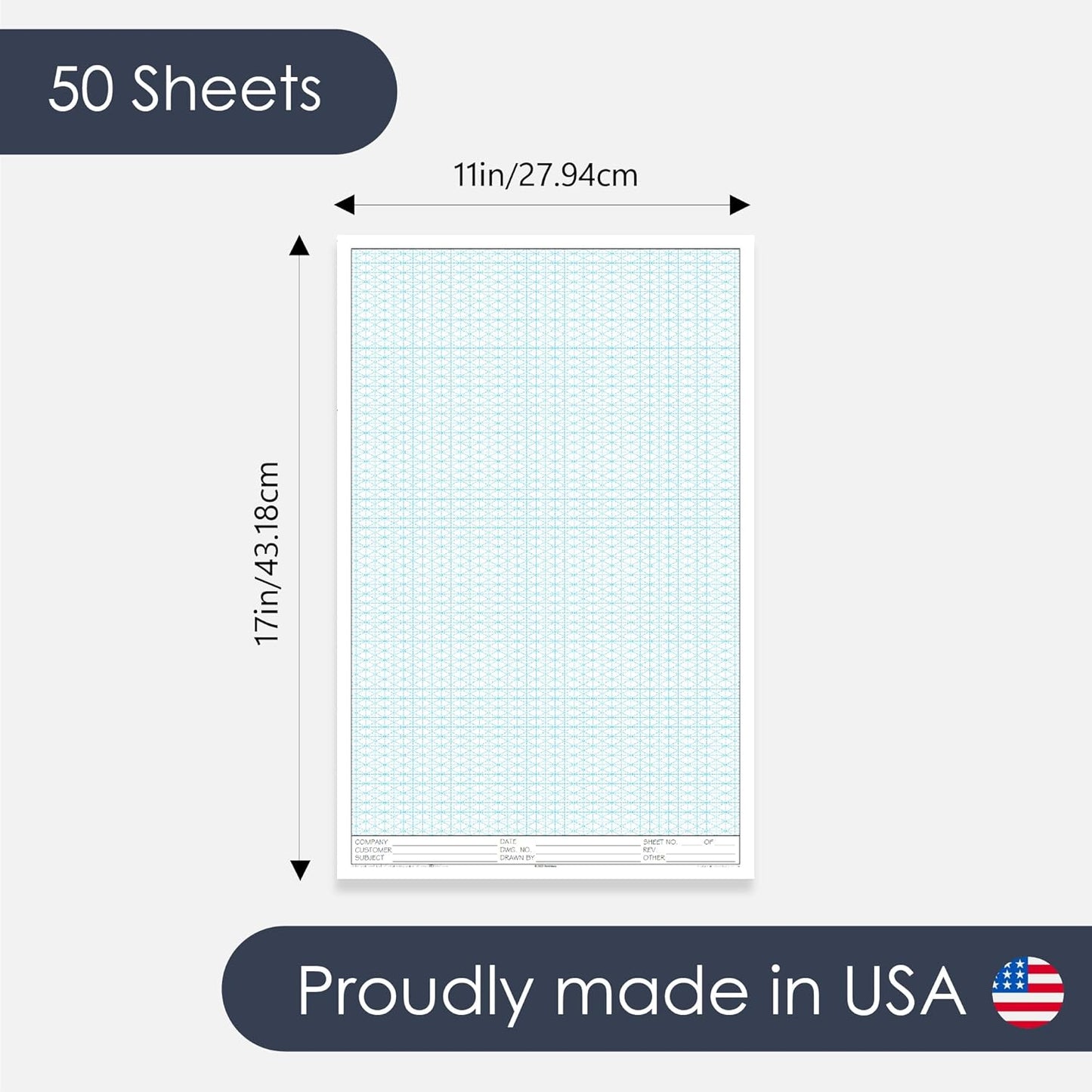 11" x 17" Isometric Graph Paper 50 Sheets Portrait - 0.25" Grid, Non-photo Blue, High Brightness, Drafting, Engineering, Art, 3D Design (1-Pack)