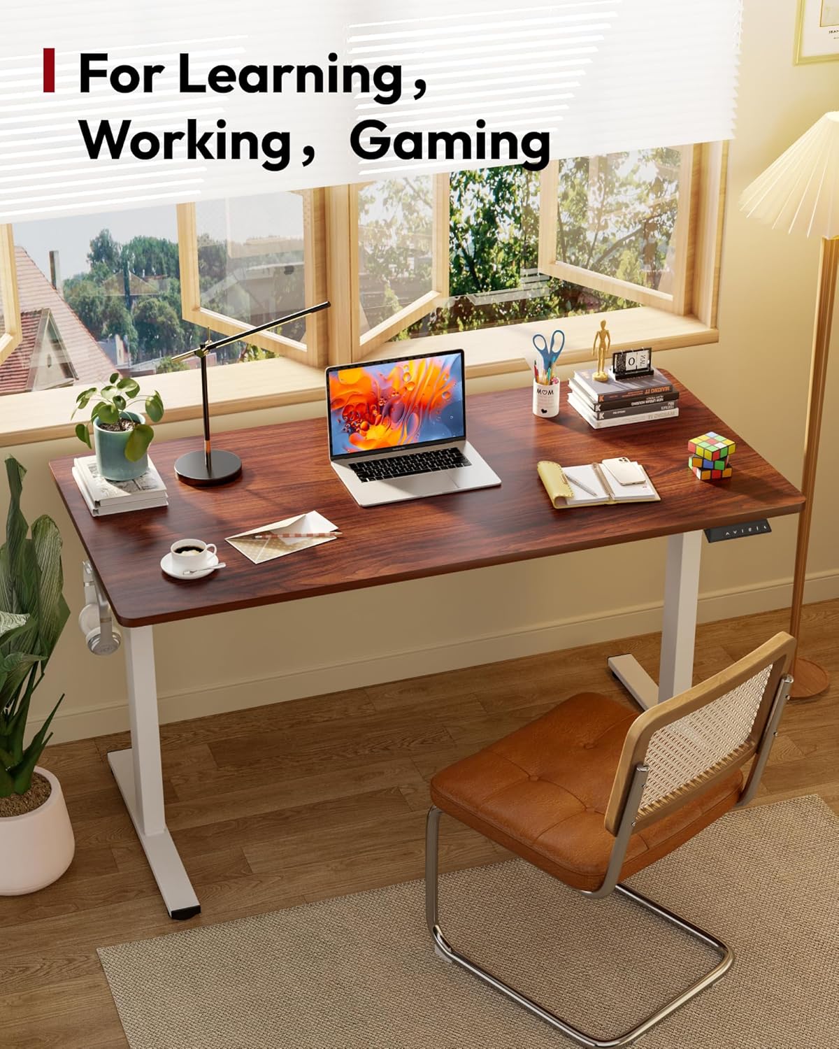 SANODESK Electric Standing Desk 48 x 30 Inches Whole-Piece Desktop Height Adjustable Stand Up Desk w/6-Button Controller Ergonomic Computer Desk for Home Office, White Frame + Mahogany Tabletop