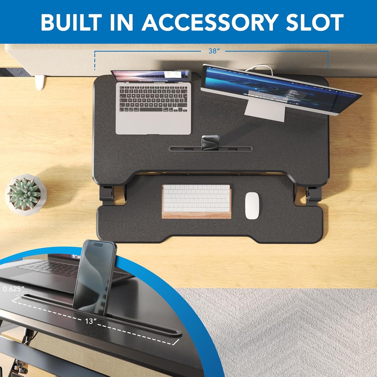 Mount-It! Height Adjustable Standing Desk Converter, 38” Wide, Stand Up Desk Riser for 2 Monitors, Manual Gas Spring Desktop Raises to 16.9", Fits Two Monitor Screens with Keyboard Mouse Tray in Black