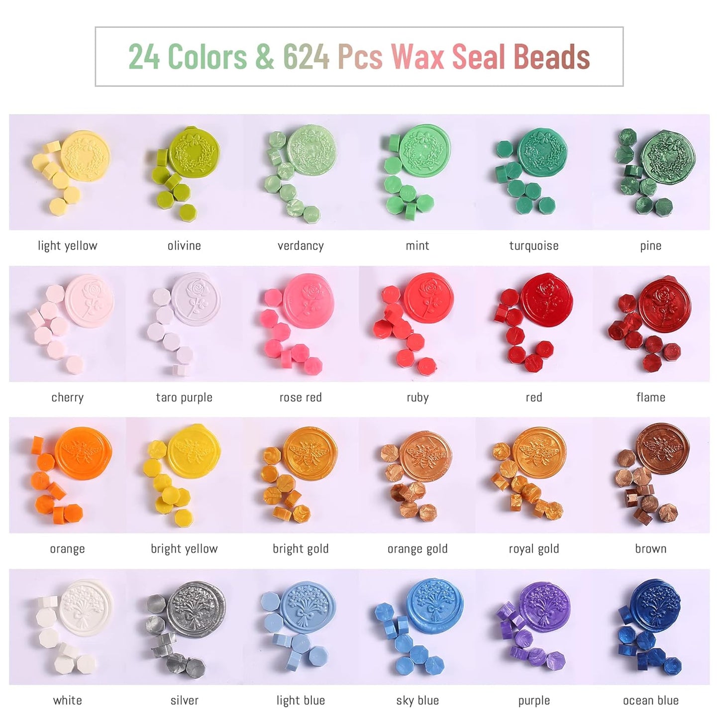 Comealltime 630Pcs 24 Colors Sealing Wax Beads, Colorful Seasons Theme Wax Seal Kit with 1Pcs Melting Spoon, 10Pcs Tea Light Candles and Gift Box(Colorful Season)