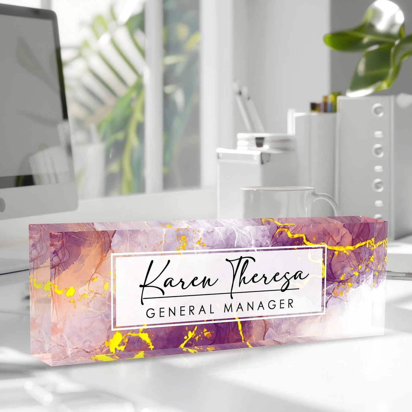 Custom Office Name Plate, Personalized Gifts for Women & Employees, Office Desk Accessory (Purple Marble)