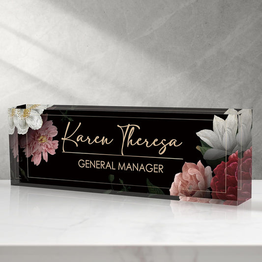 Custom Office Name Plate, Personalized Gifts for Women & Men, Appreciation Gifts for Employees, Boss, Teacher - Office Desk Accessory (Hibiscus Flower)