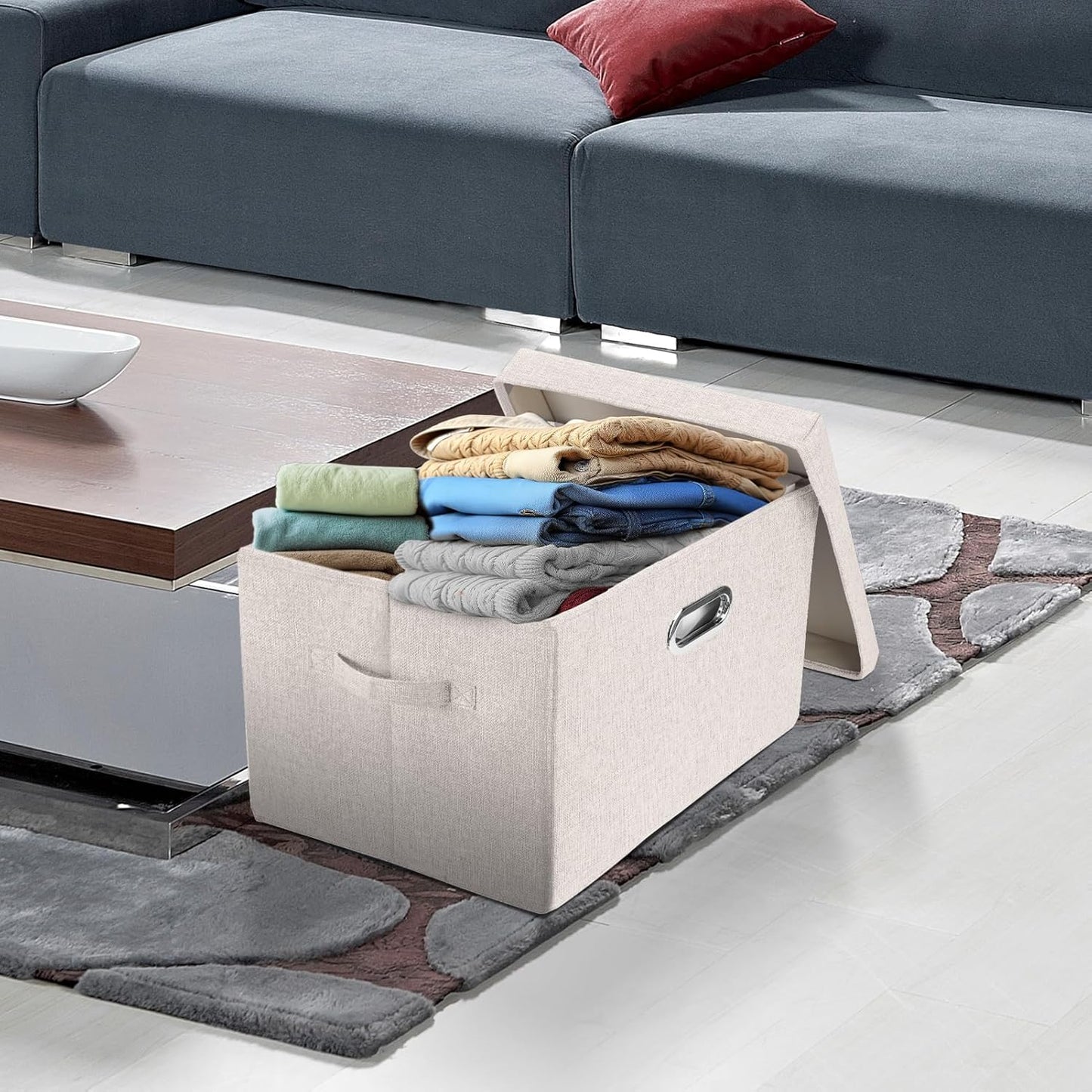 TYEERS Collapsible Storage Bins With Lids, Large Fabric Storage Boxes - 2 Pack - Beige