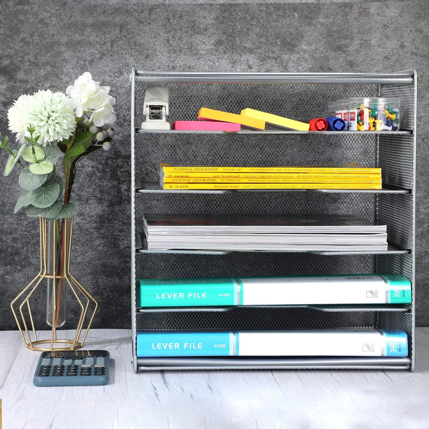 Samstar Paper Letter Tray, Metal Desk File Organizer with 5 Tier Shelf and Sorter,Silver