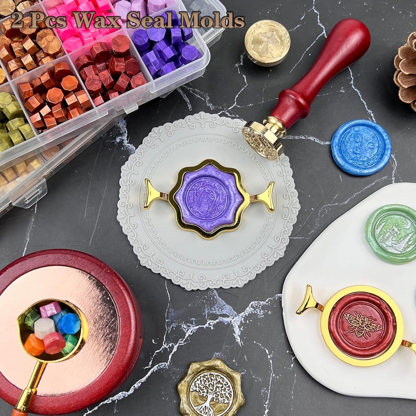 Wax Seal Stamp Kit with Gift Box, 672 Pcs Wax Seal Beads, 4 Pcs Wax Stamps, 2 Pcs Wax Seal Molds, Sealing Wax Warmer, Spoon, Mat, Metallic Pens, Candles, Wax Seal Kit for Craft Gift