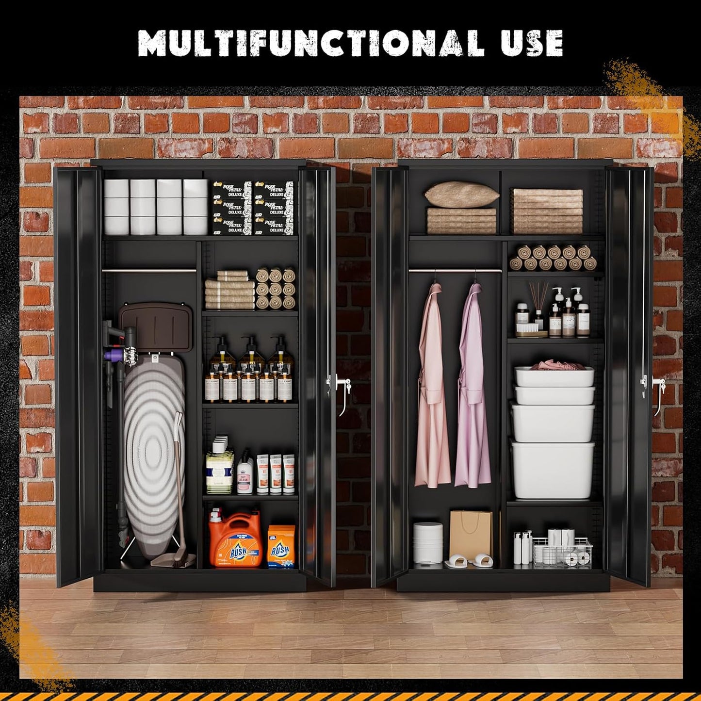 Greenvelly Metal Storage Wardrobe Cabinet with Doors, Black 72” Steel Wardrobe Closet, Employees Locker Closet Clothing Coat Steel Wardrobe Cabinet with Hanging Rod for Home Office Room School