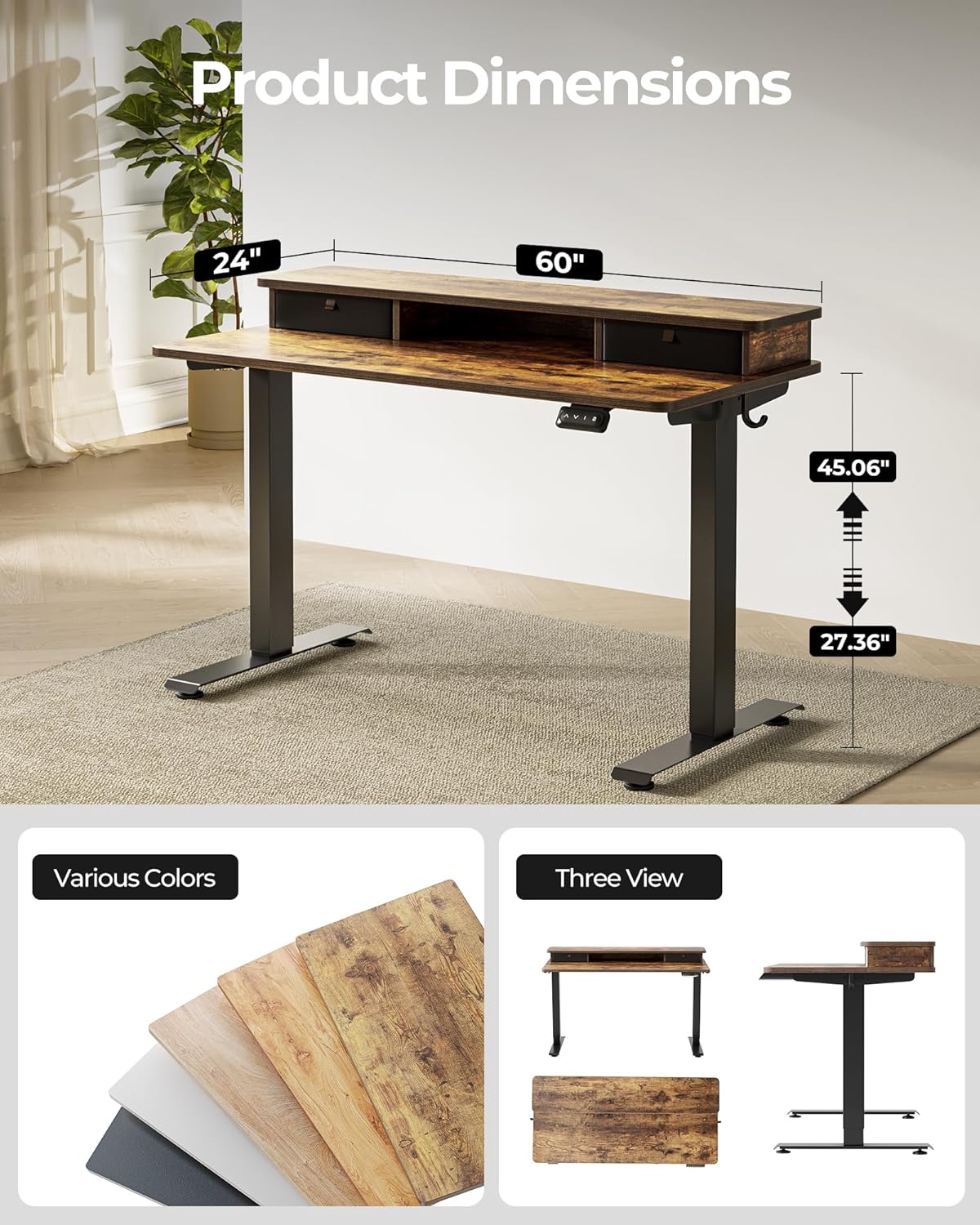 FEZIBO 60 x 24 Inch Height Adjustable Electric Standing Desk with Double Drawer, Computer Desk, Home Office Stand Up Table with 4 Height-Adjustable Feets & 2 Hooks, Rustic Brown