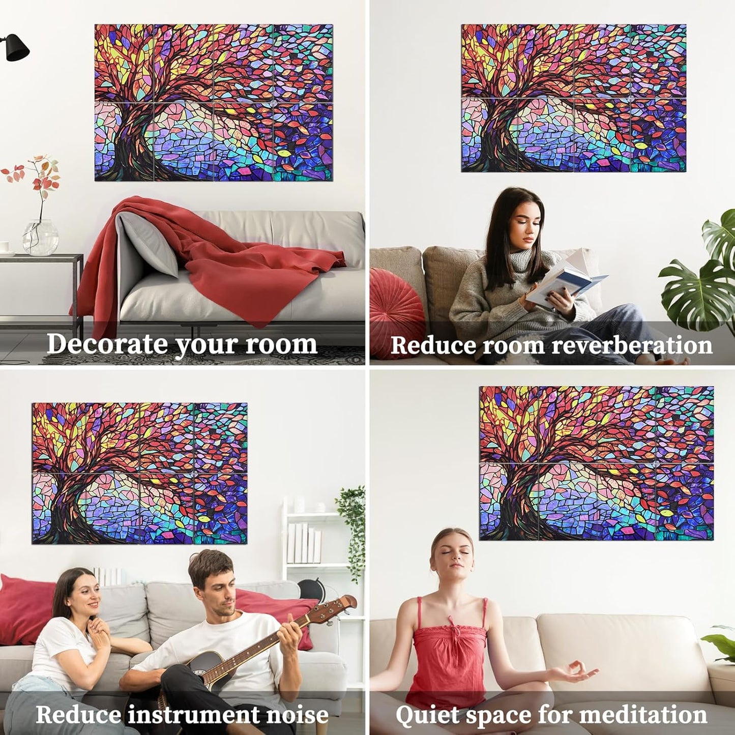 Art Acoustic Panels Sound Absorbing, 8 Pack 48"X32" Self Adhesive Sound Dampening Soundproof Wall Panels, Acoustic Treatment Modern Ready to Hang Decor for Studio, Home (Tree of Life)