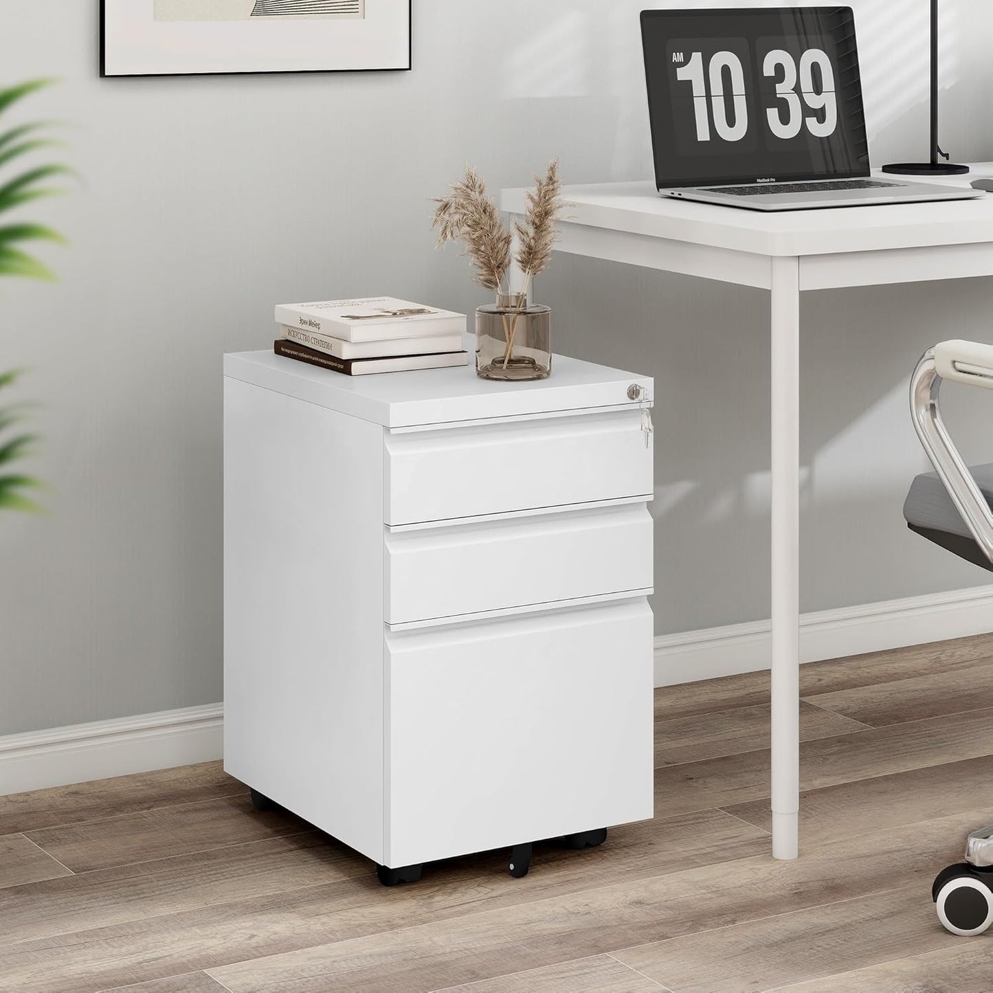 YITAHOME 3-Drawer Vertical File Cabinet, Mobile Metal Filing Cabinet with Lock for Legal/Letter Size, Pre-Built Office Storage File Cabinet Except Wheels Under Dese, White