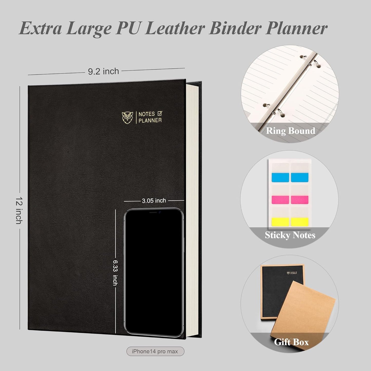 EMSHOI Undated Daily Planner 9.2" X 12", Large To Do List Notepad, 240 Refill Pages Ring Binder Planner, Hardcover Leather Appointment Book for Work, with Yearly Schedule, Habit Tracker, Black