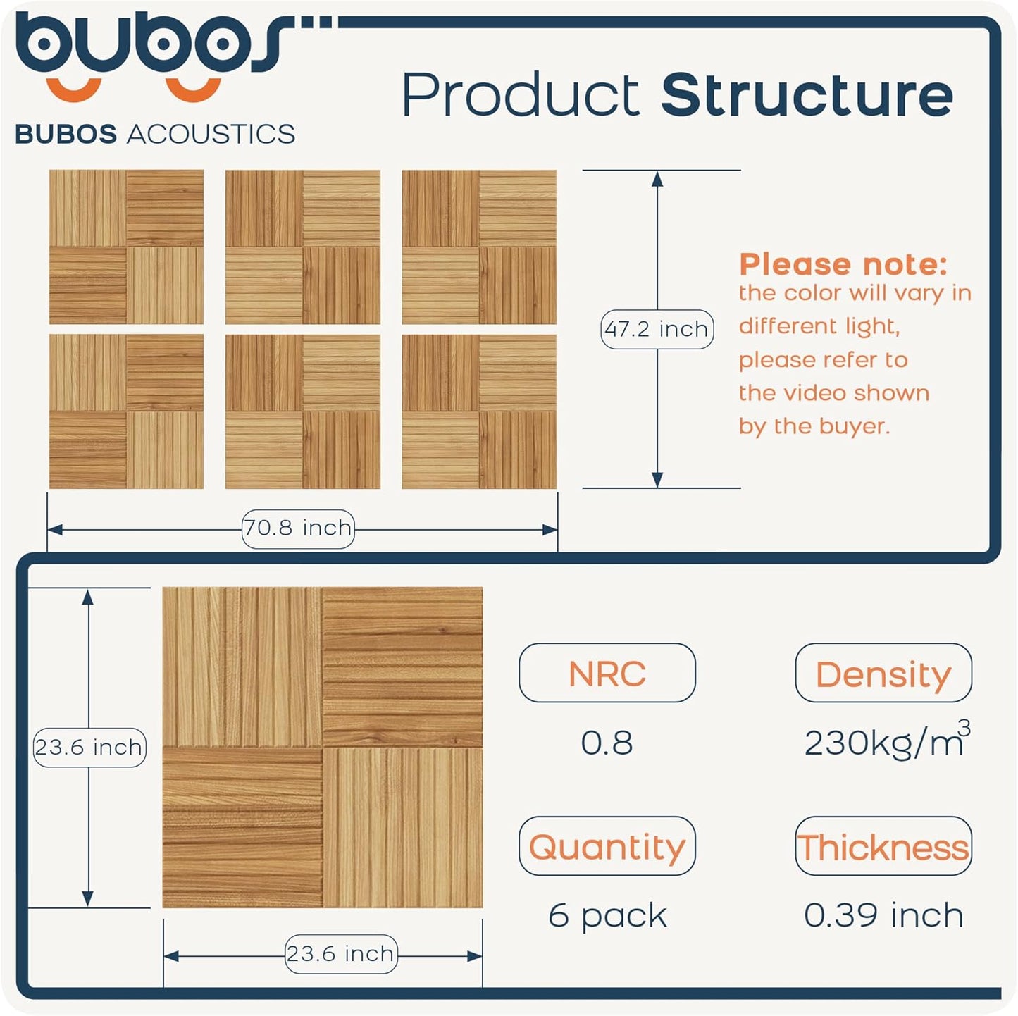 BUBOS Large Acoustic Panels,6 Pack Wood-Pattern Printing Soundproof Wall Panels, Total Size 70.8 x 47.2 Inches Self-Adhesive Decorative Sound Absorbing Panels for Studio, Home,Natural Grain Weave