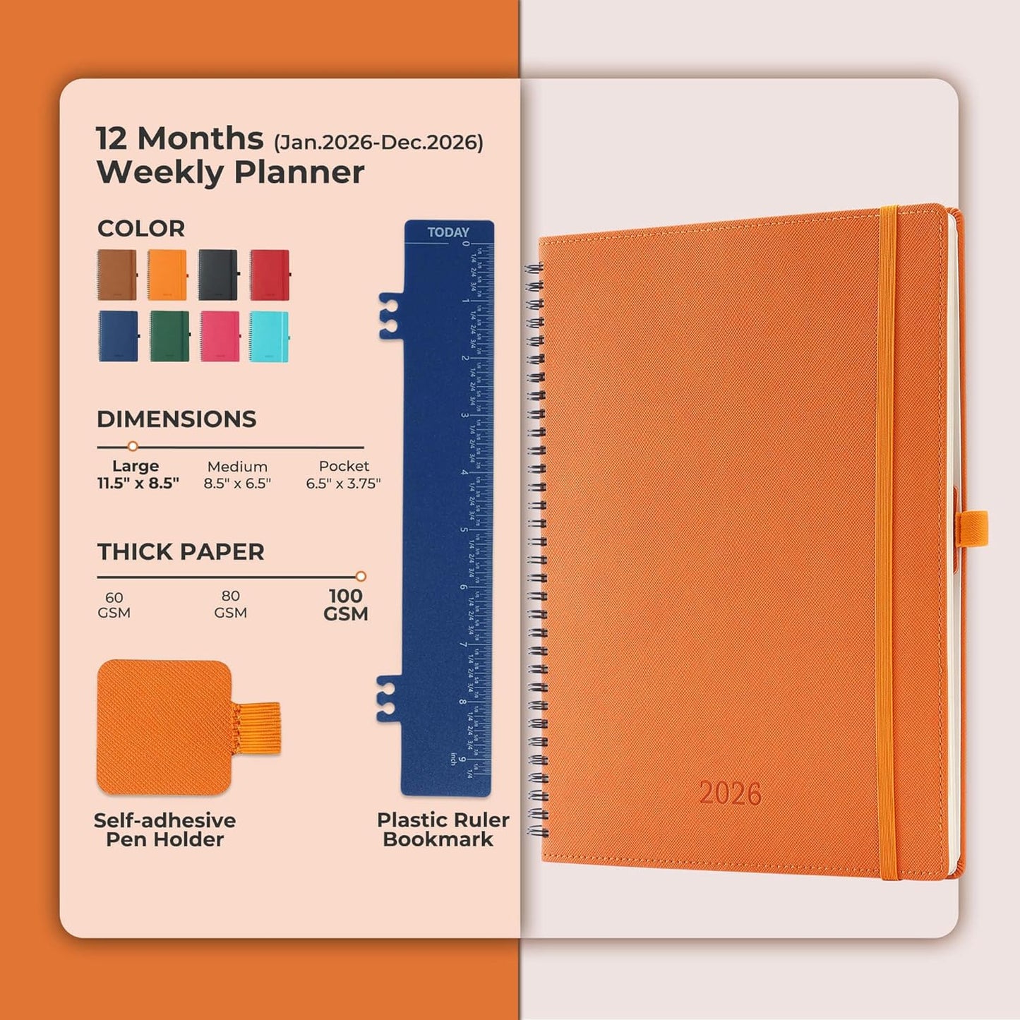 Planner 2026 Daily Weekly and Monthly,11.5"x8.5",12 Months Spiral Bound Calendar Agenda with Self-adhesive Pen Holder,2026 Appointment Book with Vegan Leather Soft Cover,Orange