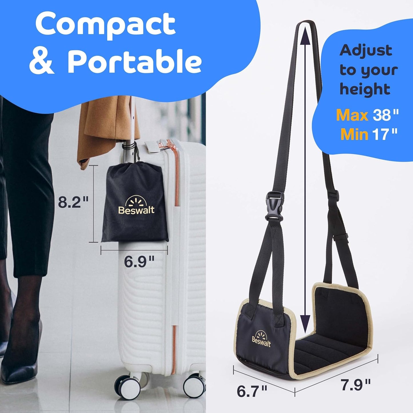 Portable Airplane Foot Hammock for Plane Travel with Memory Foam & Hardboard for No Feet or Leg Clashing - Long Flight Air Travel Essentials to Relax Feet Rest Flying Overseas by Beswalt (Black)