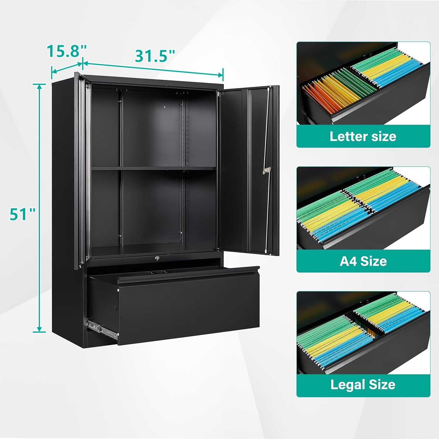 SISESOL Black Lateral File Cabinet with Lock,51" Locking Filing Cabinet with Doors and Shelves,Metal Storage Cabinets with Drawer for Home,Office,Garage,School,Fit A4/Letter/Legal File (1 Drawer)