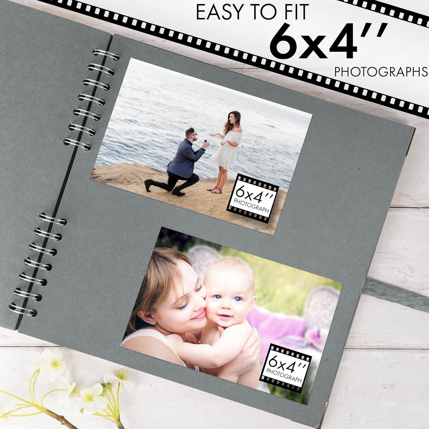 Bstorify 10 x 10 Inches Scrapbook Album 70 Pages Grey Thick Kraft Paper Corner Protectors, Ribbon Closure - Ideal for Your Scrapbooking, Art & Craft Projects (Grey, 10 x 10 Inch)