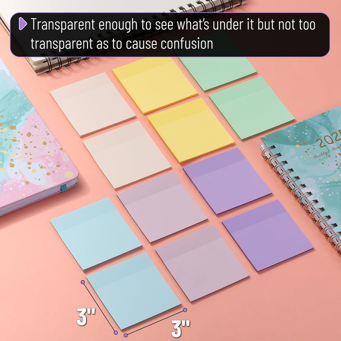 Mr. Pen- Transparent Sticky Notes, 3”x3”, Morandi Colors, 12 Pads, 600 Sheets, See Through Sticky Notes