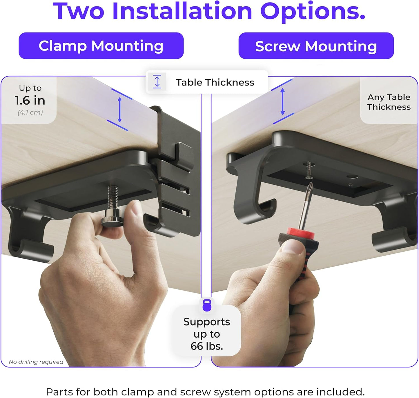 Original No Drill Under Desk Cable Management Tray 40.6" - Premium Black Fabric Cable Management Under Desk - Clamp/Screw Mount Cord Organizer - Supports Upto 66lbs - Large