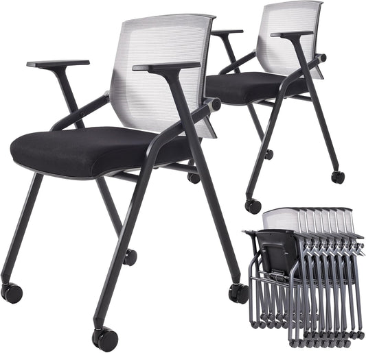 10 Pack Foldable Office Chair with PU Wheels and Sliding Armrest-Ergonomic Mesh Bouncing Back, Stackable Conference Room Chair, Office Guest & Reception & Meeting Chair (Black)