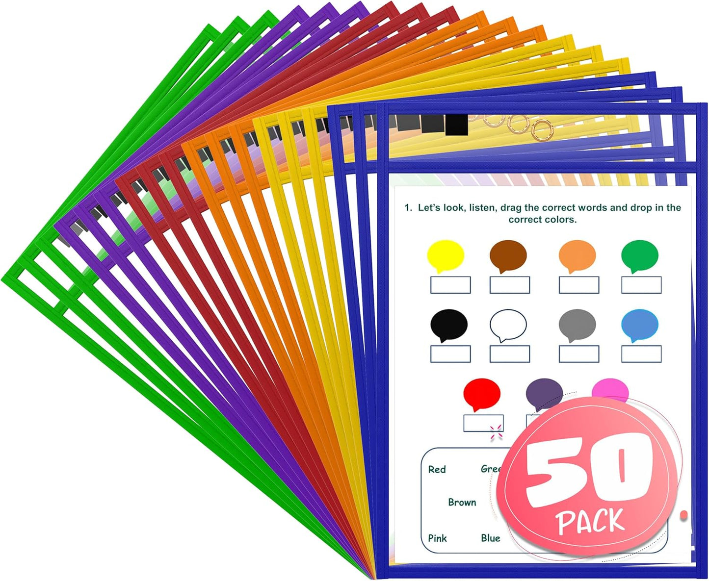 SCRIBBLEDO Dry Erase Pockets Reusable Dry Erase Sleeves with Marker Holder Colorful Dry Erase Pocket Sleeves for School Classroom or Work Ticket Holders Assorted Colors 50 Pack