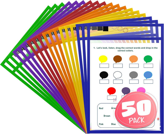 SCRIBBLEDO Dry Erase Pockets Reusable Dry Erase Sleeves with Marker Holder Colorful Dry Erase Pocket Sleeves for School Classroom or Work Ticket Holders Assorted Colors 50 Pack