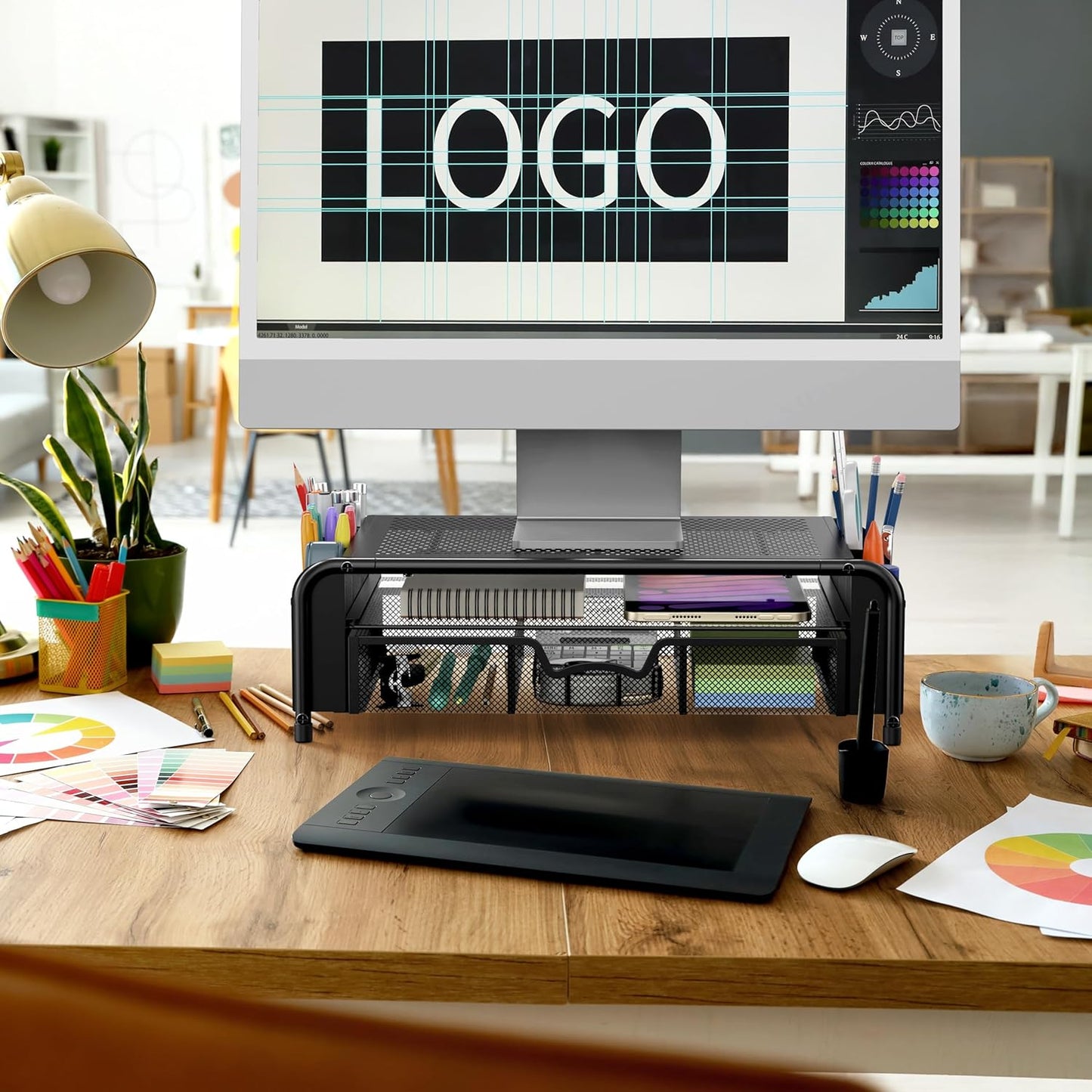 Simple Houseware Monitor Riser Stand with Pull-Out Drawer and Pen Holders, Black