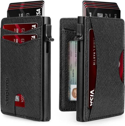 Slim Card Wallet for Men with ID Window – Minimalist RFID Wallet, Pop-Up Function, Ultra Thin Design, Metal Business Card Case Holds 8+ Cards, Gifts for Men, Men's Accessories