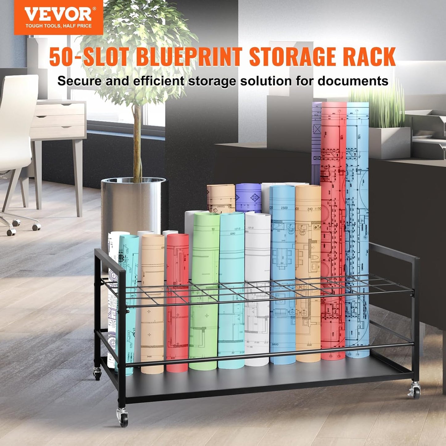 VEVOR Blueprint Storage Rack, 50 Slots Blueprint Holder with Wheels, Mobile Metal Blueprint Storage Cart for Construction Plan Map Poster Architectural, Roll File Holder for Home, Office, School