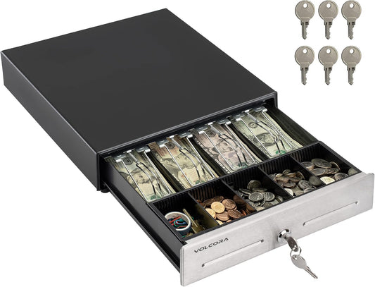 Volcora 13" Cash Register Drawer for Point of Sale (POS) System, 4 Bill 5 Coin Cash Tray, Black and Stainless Steel Front Cash Drawers, Removable Coin Compartment, 24V, RJ11/RJ12 Key-Lock, Media Slot