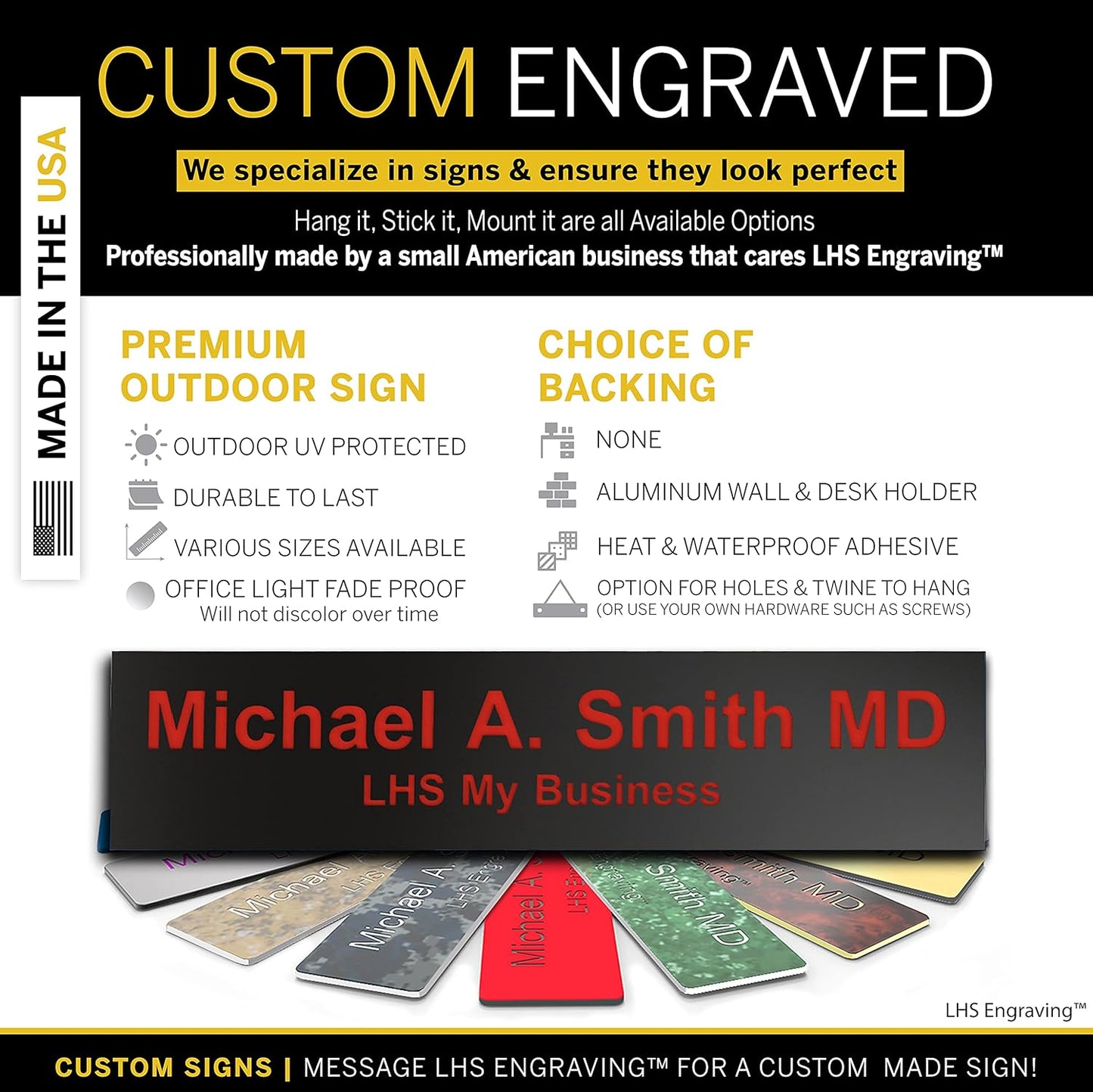 Engraved Name Plates for Door Sign Personalized Black Plastic Plaque with Red Letters - Made in USA 2x10 B19