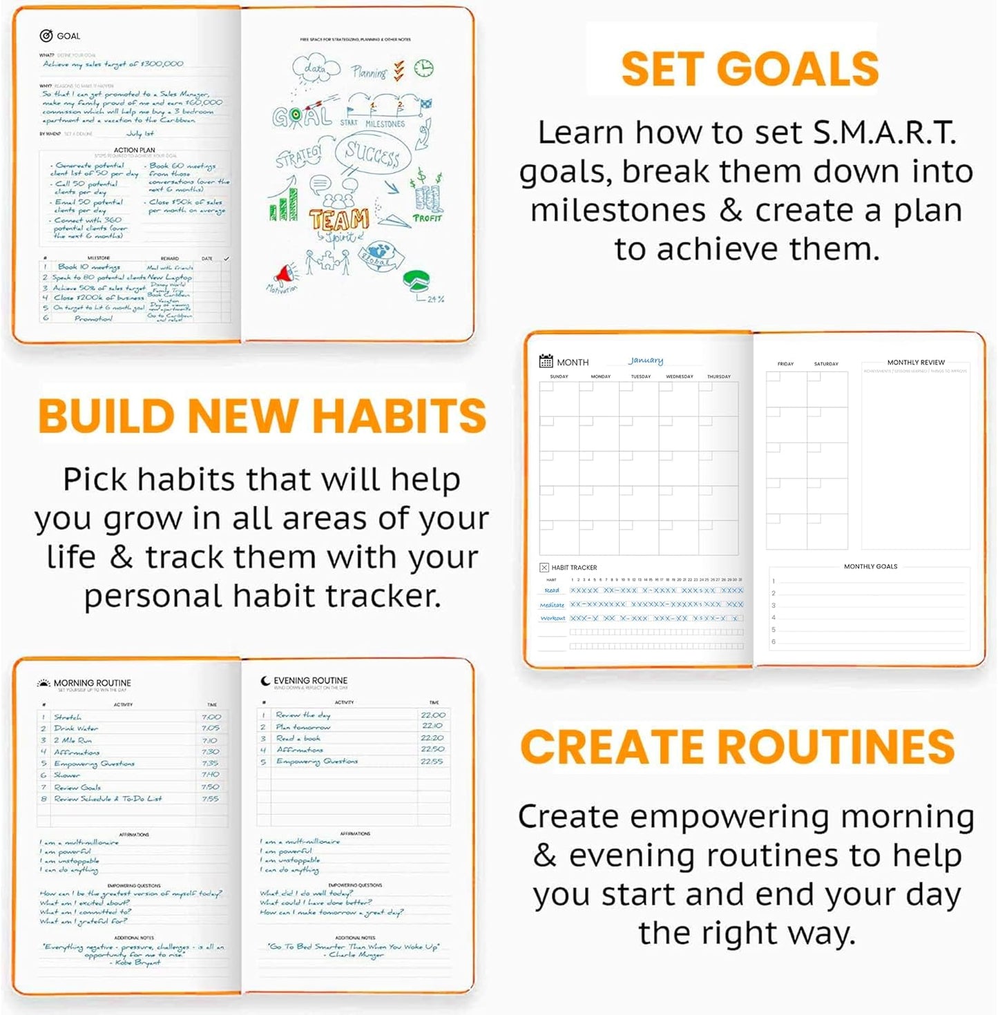 Undated Daily Planner – 1-Year B5 Productivity Organizer with Two-Page Weekly Spread, Goal Setting, Habit Tracker, Weekly & Monthly Pages – Hardcover Time Management Notebook (Orange)