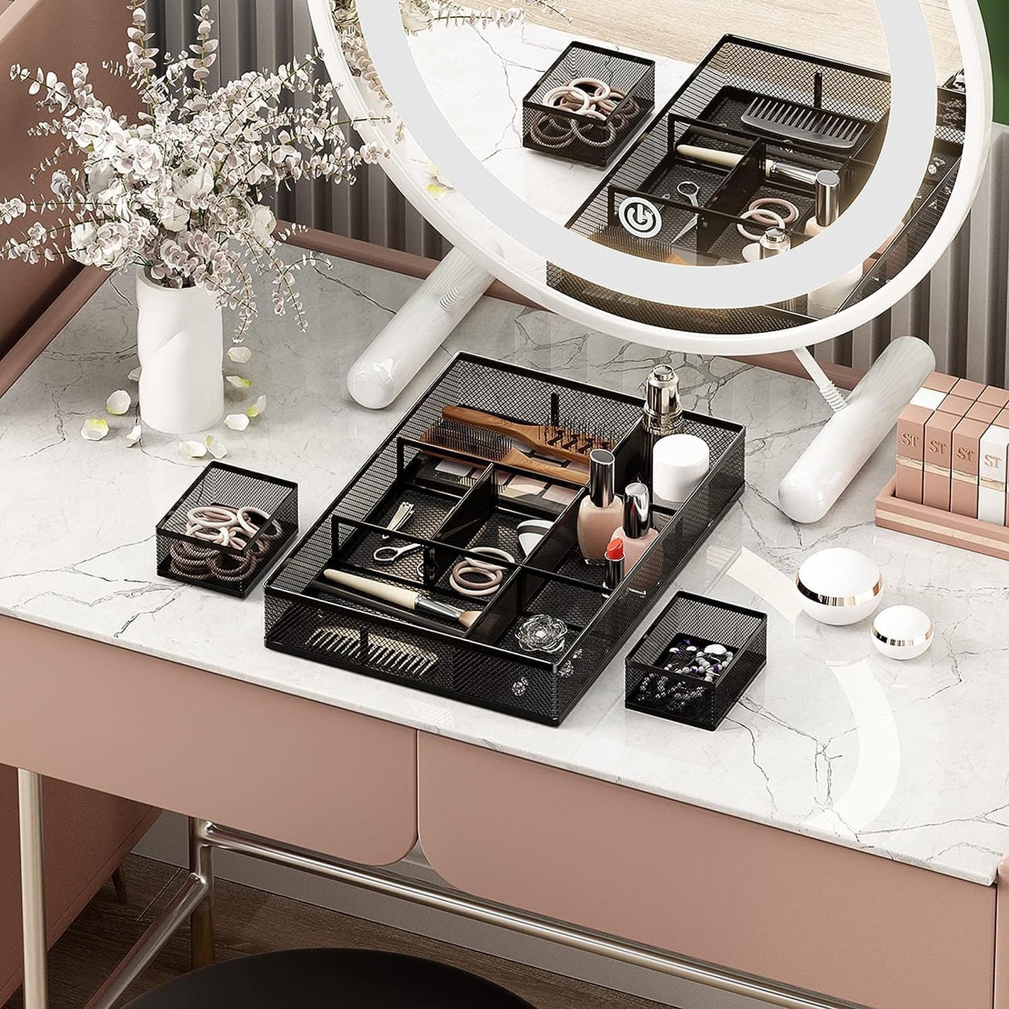 Marbrasse 3 Pack Desk Drawer Organizers with 9 Adjustable Compartments for Makeup, Office Supplies & Accessories (Black)