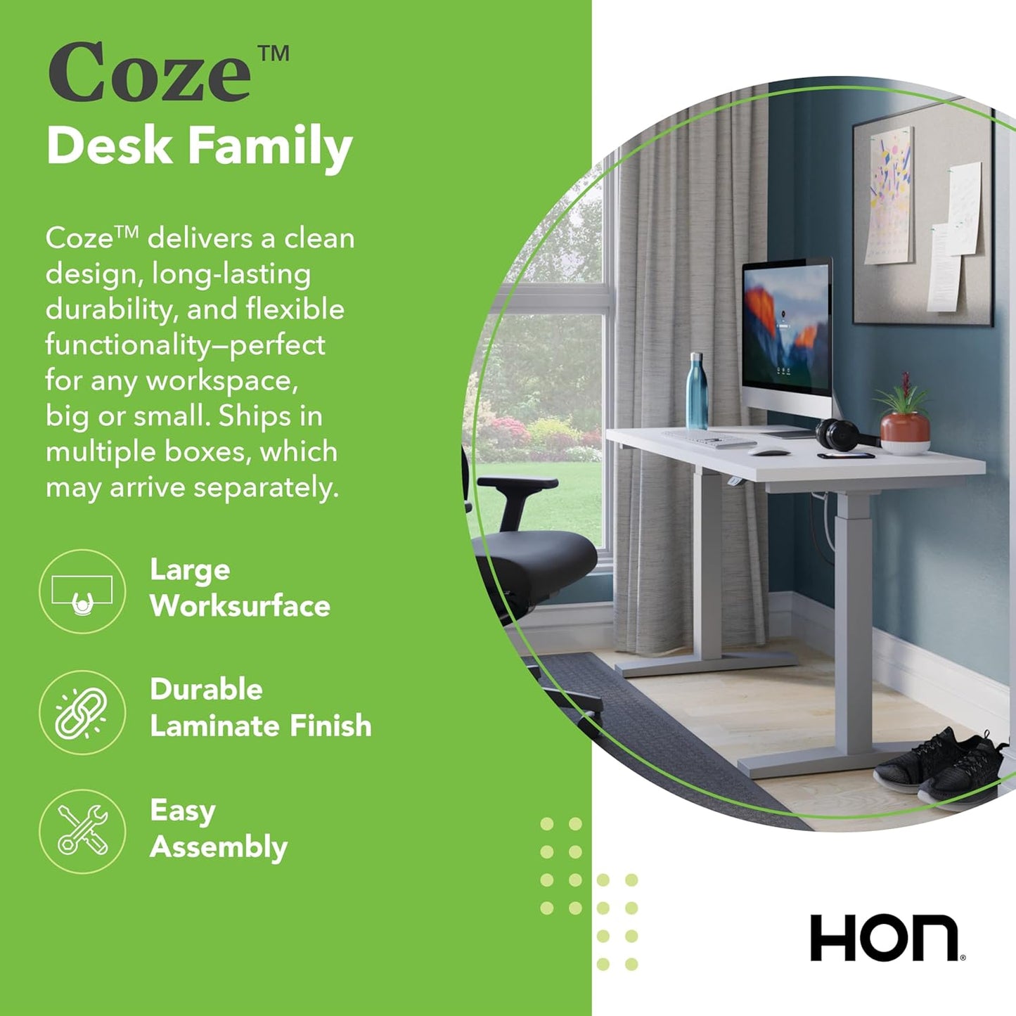 HON Coze Electric Standing Desk Adjustable Height, Coordinate Height Adjustable Desk, 48", Natural Recon Top, Silver Base