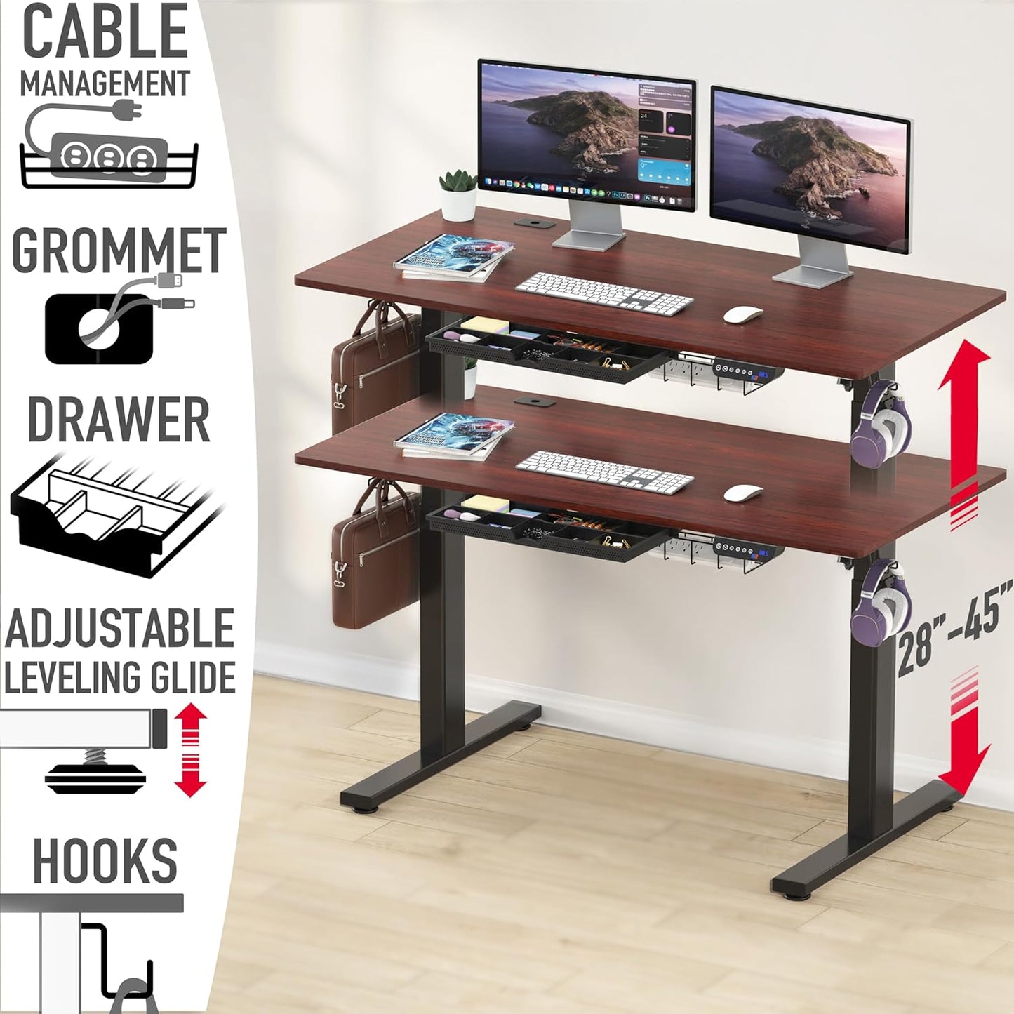SHW 55 x 28 Inches Electric Height Adjustable Standing Desk with Drawer and Memory Preset, Cherry