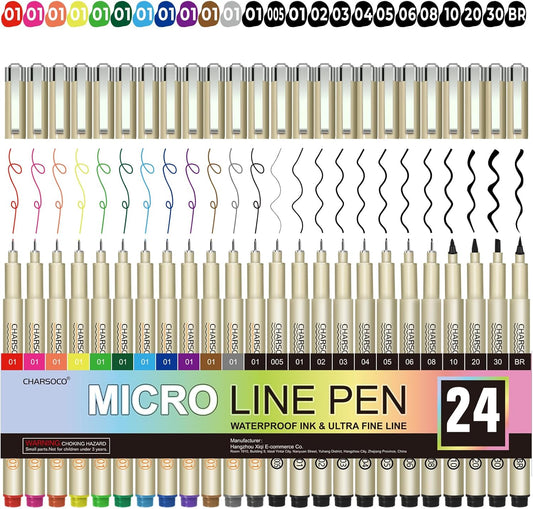 24 Pack Micro Pens, 12 Colors & 12 Black in 0.23mm - 5mm, Waterproof Archival Ink, Fine Point Pen for Artist Illustration, Sketching, Anime, Manga and Technical Drawing