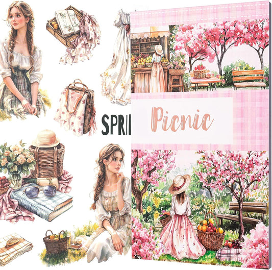 YagCu Scrapbook Sticker Book, Picnic Journaling Stickers, Junk Journal Supplies, Pre-Cut Aesthetic Scrapbooking for Adults, Decorative Ephemera Bullet Planner DIY Arts Craft Collage
