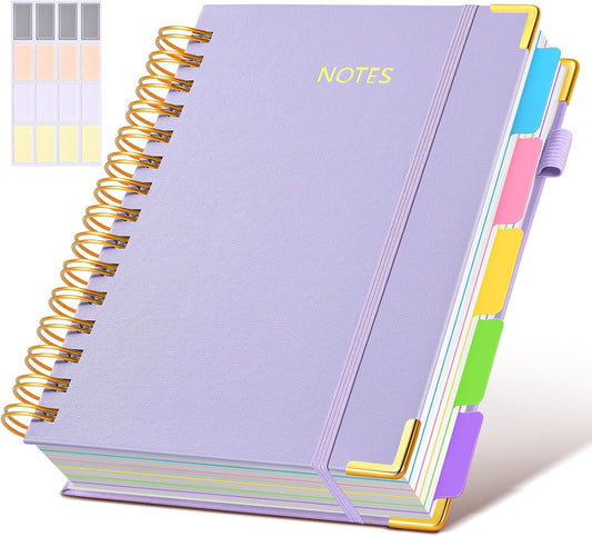 Hardcover Spiral Notebook journal with Removable Dividers Tabs, 300 Pages Leather 5 Subject Notebook College Ruled, 100GMS A5 Notebooks for Work School Note taking,Lined Journal for Women,A5 Purple