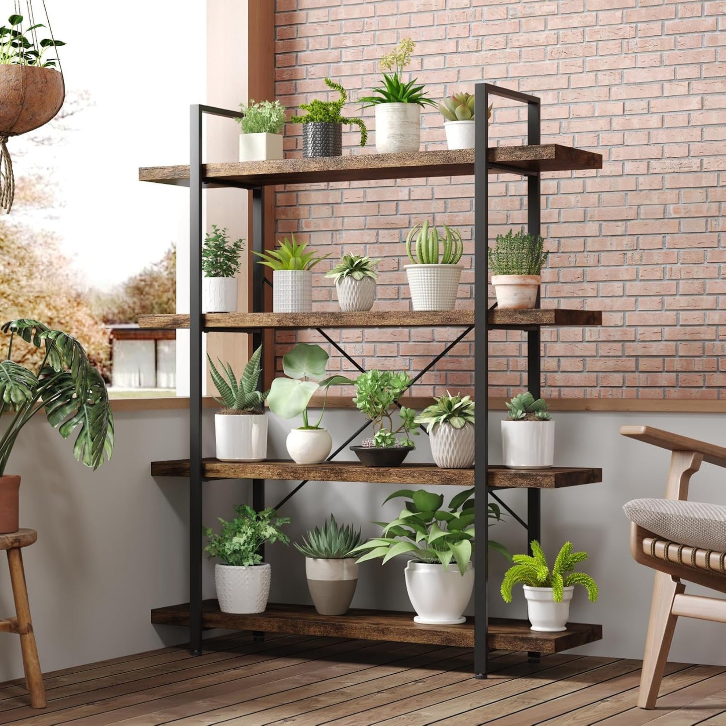 Bookshelf Set, Heavy Duty 4-Tier Industrial Bookcase, 47" Wide Wood Bookshelf for Home Office, 120lbs Shelf Capacity, Rustic Open Display with Horizontal Shelf for Living Room Bedroom