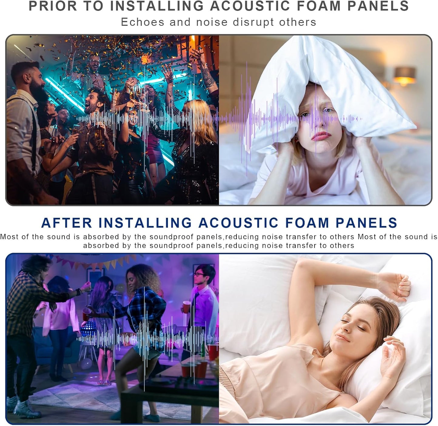 Acoustic Foam Panels, 48 x 24 x 2 inches, 4 Pack Soundproof Foam Wall Panels High Density Noise Canceling Studio for Echo Absorption Home Office (Black 4 Pack, 48" x 24" x 2")