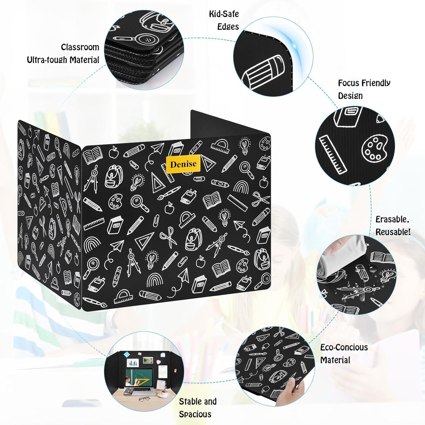 24 Pack Black Printing Privacy Floders for Student Desks - Durable Plastic Erasable - Testing Dividers for Classroom - Easy Clean Privacy Shields for Student - Includes Extra Labels