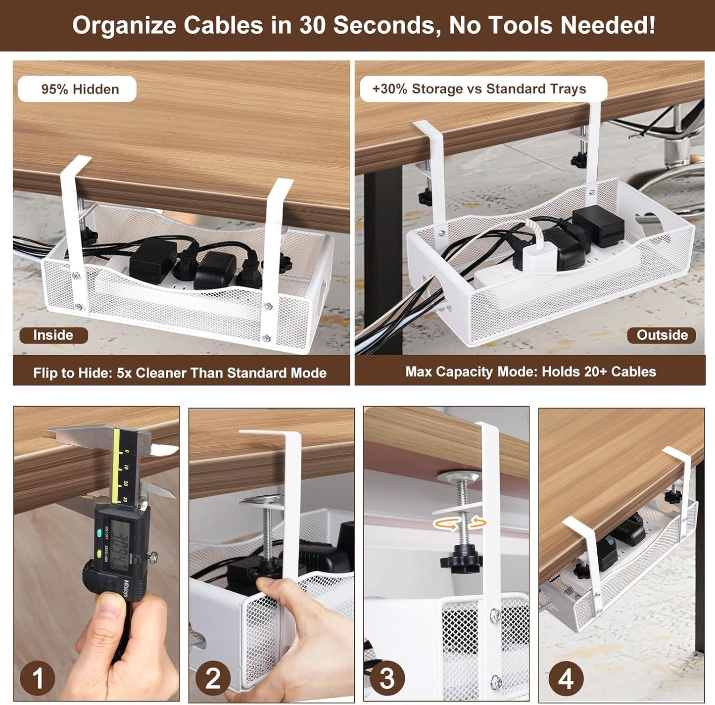 Extra Wide 7inch Under Desk Cable Management - No Drill Installation Cable Management Tray, Modern Cord Organizer for Office/Home Desk