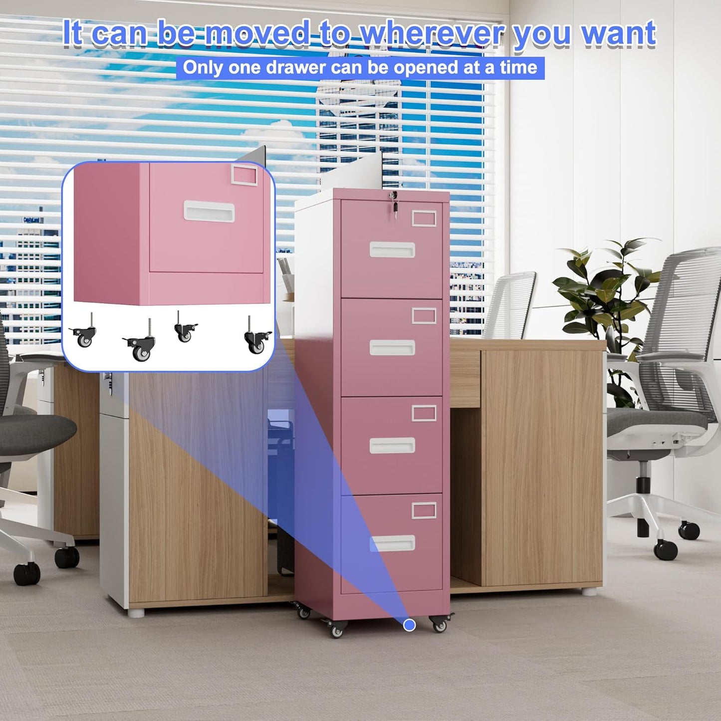 METAN 4 Drawer Vertical File Cabinet on Wheels, Lockable Office Files Storage Cabinet with Handle and Name Card,Mobile Storage Cabinet for Office and Home,Assembly Required,Pink