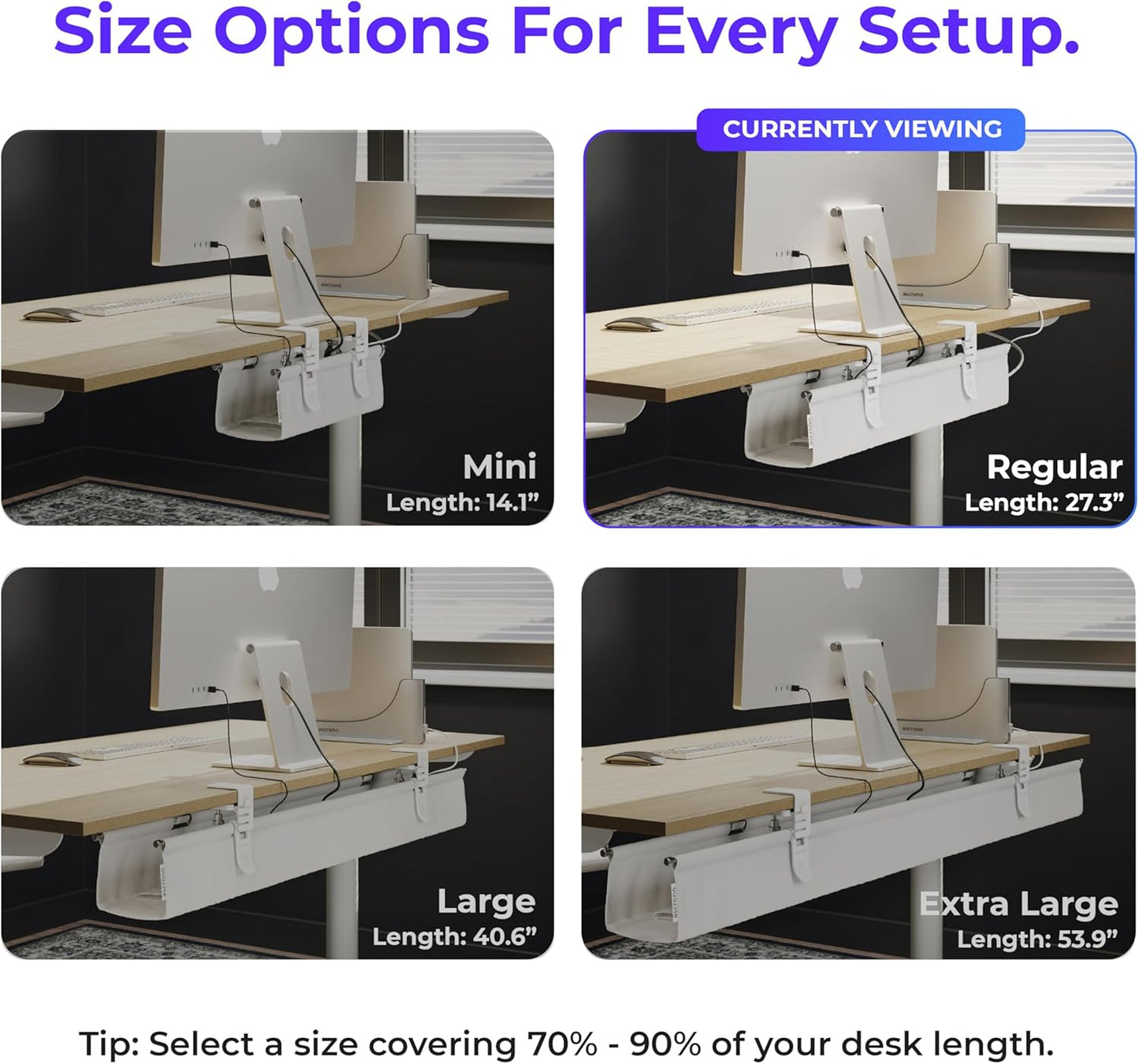 Original No Drill Under Desk Cable Management Tray 27.3" - Premium White Fabric Cable Management Under Desk - Clamp/Screw Mount Cord Organizer - Supports Upto 66lbs
