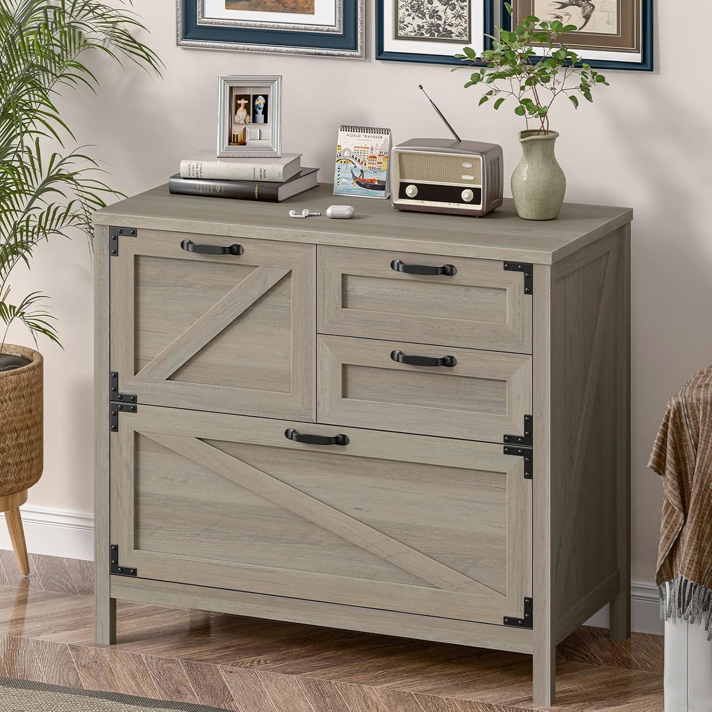 Wood Lateral File Cabinet with 4-Drawer for Hanging Files Letter/A4/Legal Size, Large Farmhouse Filing Cabinets for Home Office, Printer Stand with Office Cabinet, Office Furniture, Rustic Grey