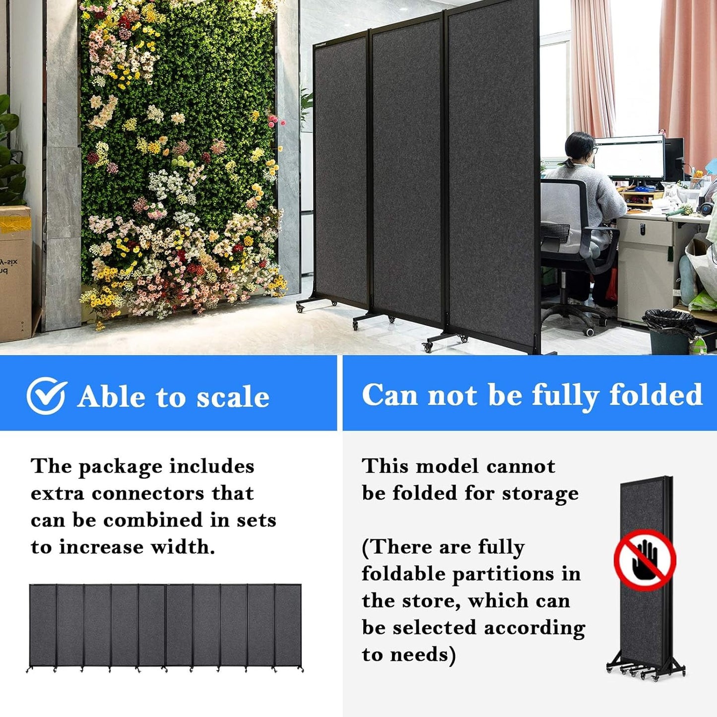Upgrade Version Room Partition and Divider, Freestanding Rolling Dividers with Wheels,Office Privacy Screen Divider Wall,Classroom Felt Dividers,6'L* 6'7"H,3 Panel,Dark Grey