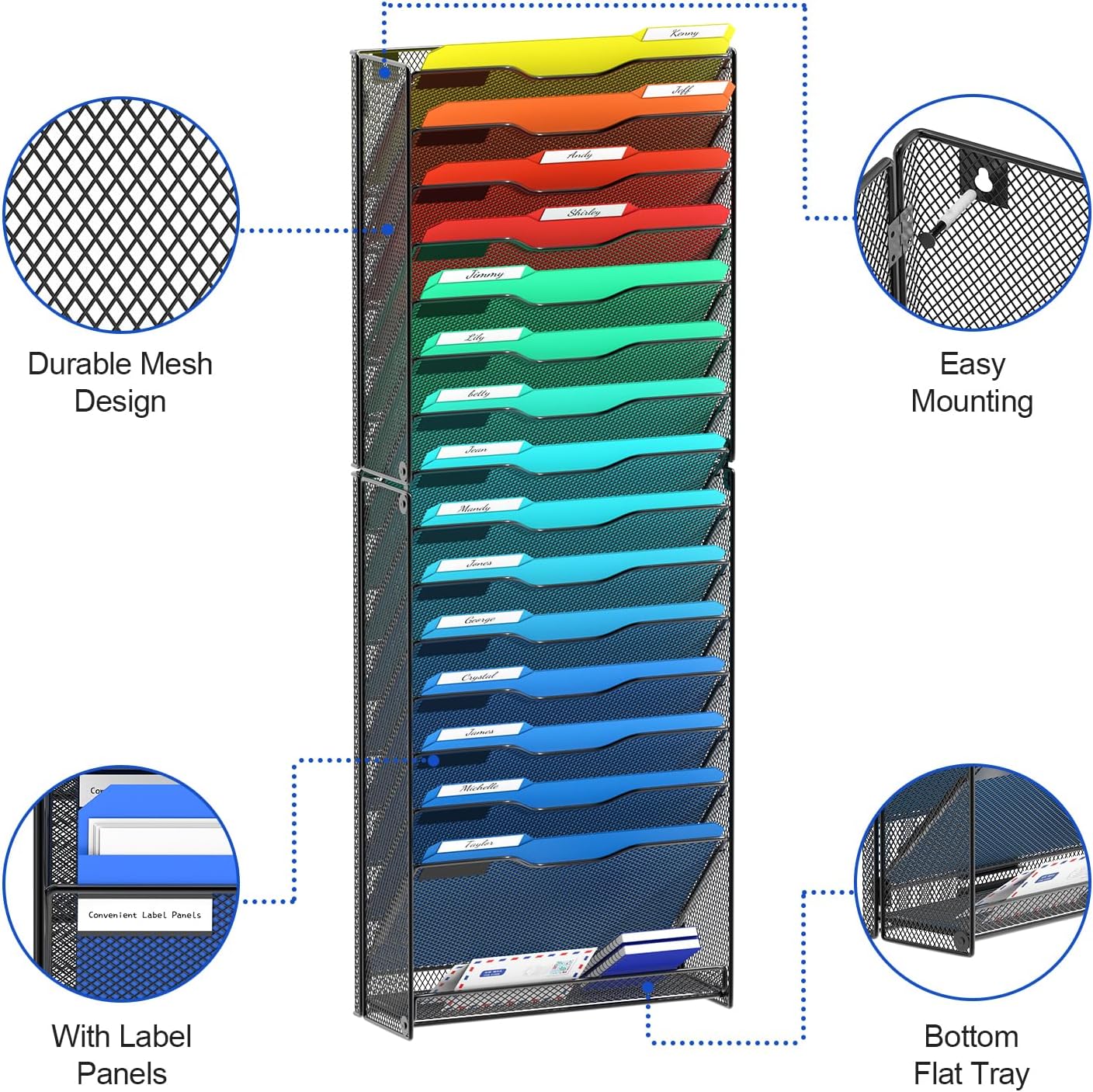 samstar 16 Tier Wall File Organizer Hanging Wall File Holder Wall Mount Paper Folder Organizer, Magazine Rack, Mesh Made,Black