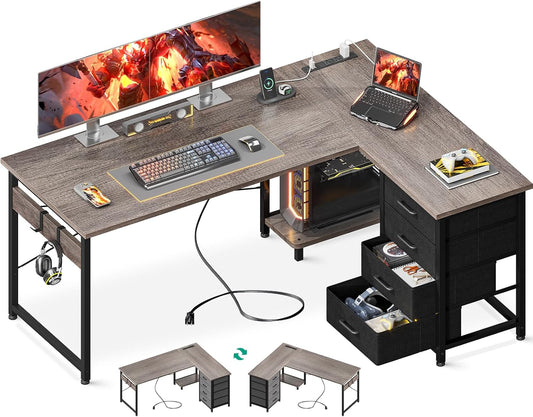 Casaottima L Shaped Desk with 4 Tier Drawers, 53" Gaming Desk with Power Outlets & USB, Reversible L-shaped Computer Desk with CPU Stand, Home Office Corner Table with Storage, Easy Assemble, Grey Oak